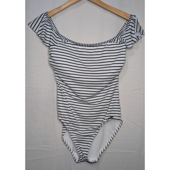 Vince Camuto Womens Blossom Stripes One Piece Swimsuit 10 Off The Shoulder - Picture 3 of 8